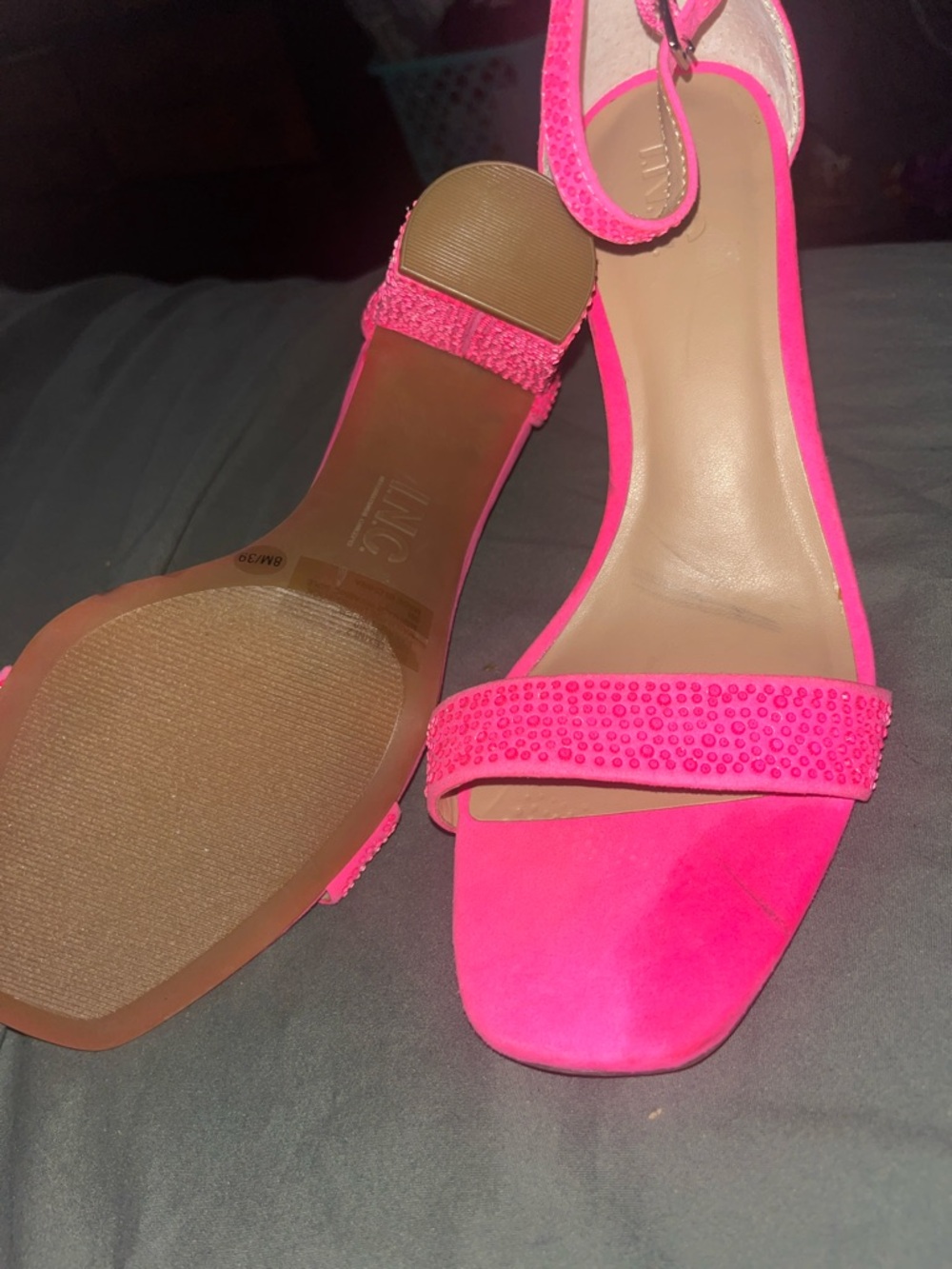 INC International Concepts Hot Pink Crystal Embellished Block Heels - Picture 5 of 6
